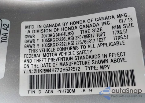 2013 Honda Cr-V Ex-L from USA, damaged, VIN 2HKRM4H77DH632572